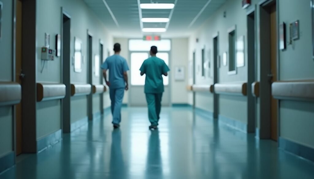 “Corredor hospitalar moderno com profissionais de saúde, ilustrando o ambiente clínico que pode desencadear ansiedade e medo de hospitais.”