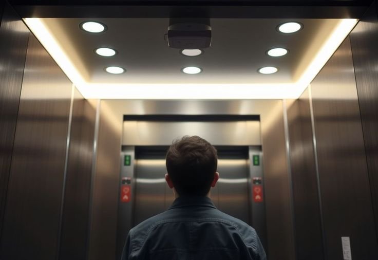 Homem dentro de um elevador a sentir claustrofobia